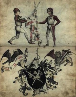 Portrait of Talhoffer (pictured left), and his coat of arms, from the 1459 Fechtbuch