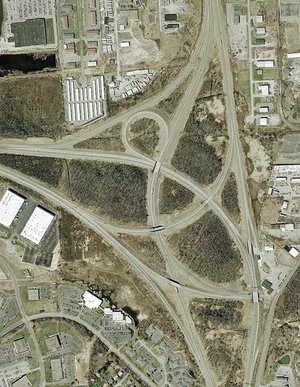 The never fully-utilized intersection of  and Interstate 690 in .
