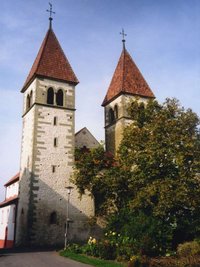 15th-cenury towers on the  church of Sts Peter and Paul in Reichenau-Niederzell