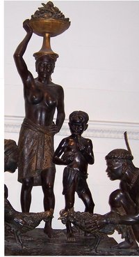 Three-quarter scale bronze sculptures 19th C. Malay people, Indonesia, Borneo. The men are readying their roosters for a . A boy eating a fruit, is watching them. The central figure, a woman, balances a load of fruit atop her head. ,  