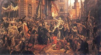May 3rd Constitution (painting by , ). King Stanisław August (left, in regal -trimmed cloak), enters , where   will swear to uphold the new ; in background, , where the Constitution has just been adopted.