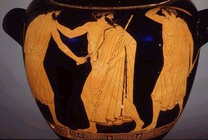 A vase showing the assassination of Hipparchus by Harmodius and Aristogeiton