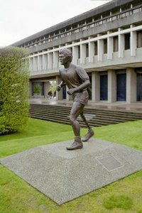 A statue of Terry Fox stands in the grounds of . Note the  leg.