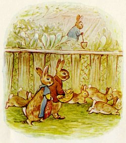 Potter's illustration of her  rabbits — in this case the married cousins, Benjamin and Flopsy Bunny, from The Tale of the Flopsy Bunnies
