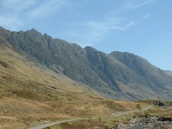 The mountains of Glen Coe: The  ridge, to the north side of the glen.  is at the north-west end of the glen, to the left of this picture. At the south side of the glen the hills are more broken.
