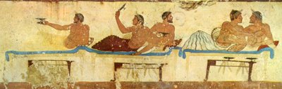 A fresco taken from the north wall of the Tomb of the Diver featuring an image of a 