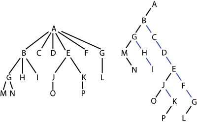 An example of converting an n-ary tree to a binary tree