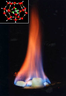 "Burning ice". Methane released by heating  burns, water drips. Inlay: chlatrate structure.Source: 