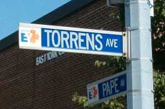 A typical East York street sign.  Torrens is one of the original streets in the area known as Todmorden from the 1850's until today.