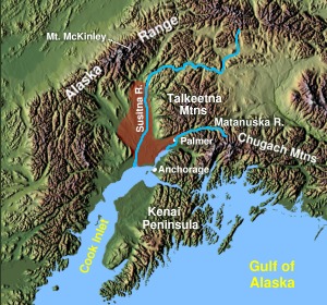 Matanuska-Susitna Valley shown shaded in red north of Anchorage