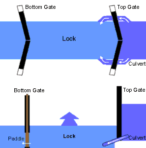 A plan and side view of a generic, empty canal lock
