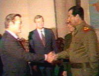 Saddam Hussein meeting with , at the time 's special envoy to the , during a visit to ,  in . Video frame capture, see the complete video (http://www.misc-web.pwp.blueyonder.co.uk/nsa_archive_media.html) 