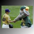 Stomper meets then-Arizona Diamondbacks pitcher Byung Hung-Kim at the 2002 All-Star Game in Milwaukee.