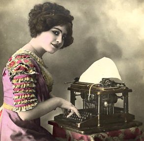 Because the typebars of this typewriter strike upwards, the typist in this French postcard, c. , could not have seen characters as they were typed.
