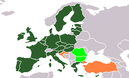Dark green: current members; light green: acceding countries; orange: states in negotiations