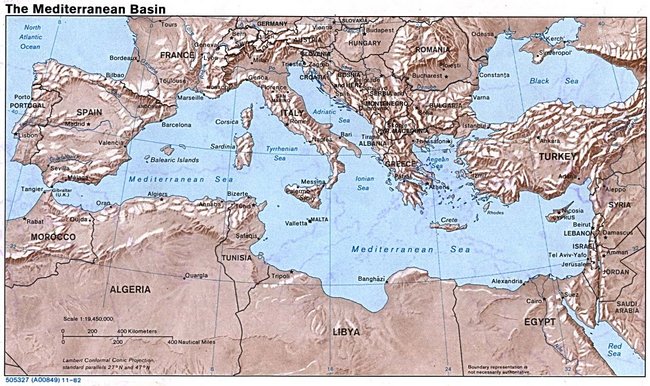 The Mediterranean Sea subdivisions, political map with straits, countries  and the Black Sea. Connected to the Atlantic Ocean, surrounded by the Mediterranean  Basin, almost completely enclosed by land. Stock Vector