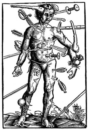 An illustration showing a variety of wounds from the "Field manual for the treatment of wounds"