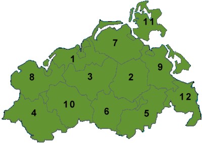Map of Mecklenburg-Western Pomerania with the district boundaries