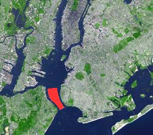 New York Harbor, as seen in a TERRA satellite image. The Narrows is shown in red, connecting Upper New York Bay to Lower New York Bay. At the end of the last ice age, the strait had not yet been formed.