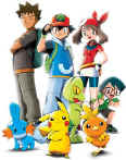 A group image of Ash, May, Brock, Max (and some of their Pokmon) in Hoenn