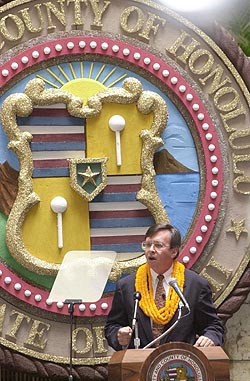 Mayor of Honolulu  gives the annual State of the City address from Honolulu Hale on January 25, 2001.