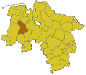 Map of Lower Saxony highlighting the district Cloppenburg