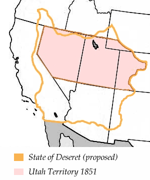 The boundaries of the provisional State of Deseret (orange) as proposed in 1849. The area the Utah Territory as organized in 1850 is shaded in pink.