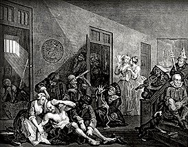 Scene of Bethlem Hospital from Hogarth's A Rake's Progress.