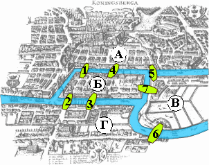 Map of Knigsberg in Euler's time showing the actual layout of the seven bridges, highlighting the river Pregel and the bridges.