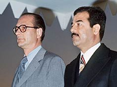 Saddam Hussein meeting with , then , during a state visit to  in 1976