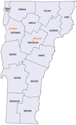 Vermont has 14 counties. Four counties border  in  to the north, and two border  in the south. In the west is  and in the east is , each bordered by five counties each. Only two of Vermont's counties— and —are entirely surrounded by Vermont territory.