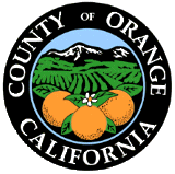 The seal of Orange County features oranges, groves, and mountains against a blue sky.