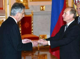 Russian Head of State and President  receives the  from the French ambassador.