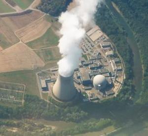 Nuclear power station at , . The nuclear reactor is inside the dome-shaped containment building.