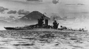 USS New Mexico, with Mt. Fuji in the background, August 1945.