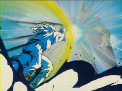 Cell about to be hit by point blank Kamehameha, just after Goku teleported in front of him