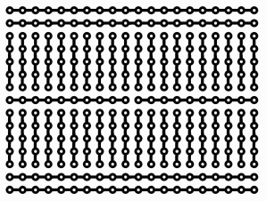 Hole pattern for a typical etched prototyping PCB. The circuit pattern is similar to that of the solderless breadboard shown above, rotated 90°.