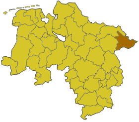 Map of Lower Saxony highlighting the district Lchow-Dannenberg