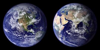 "Blue Marble" composite images generated by NASA in 2001 (left) and 2002 (right).
