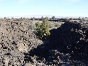 image:Gap in lava flows from Flenner Chimneys in Lava Beds NM-300px.JPG