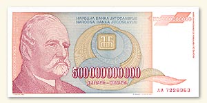 A 500,000,000,000 (500 )   circa , the largest  ever officially printed in , the final result of hyperinflation. Photo courtesy of  (www.nbs.yu)