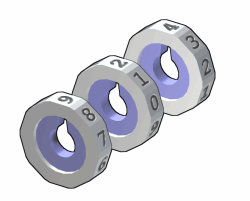 Exploded view of the rotating discs. The notches on the disc correspond to the numerals in the correct combination. In this case, the combination is 9-2-4.