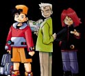 From left to right, the main character from Pokmon Gold & Silver, Professor Oak, and the main character's rival