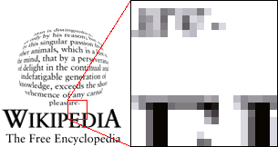 This example shows a former Wikipedia logo with a portion greatly enlarged. The different  of grey blend together to create the  of a smooth image. Note that sometimes (as in the example here) the edge pixels of text are reduced in shade to produce a less stepped look when viewed at normal size. This is called .