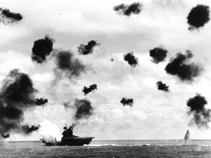USS Yorktown is hit by an aerial torpedo