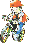 The Trainer from Pokmon Red, Green, Blue, and Yellow mounted on a bike.