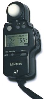 Photograph of a handheld digital ambient light meter, showing an f-stop of 5.6 for 24 frame/s 500 ISO filming