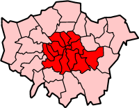 The County of London (in red), super imposed upon today's  area, to show the difference in size with post-  boundaries