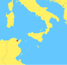 A map of the central , showing the location of Carthage (near modern ). The map also shows  and the islands of , , and .