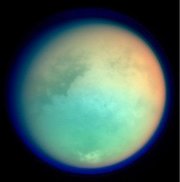 Titan shown in ultraviolet and infrared wavelengths. Photo captured by the Cassini spacecraft